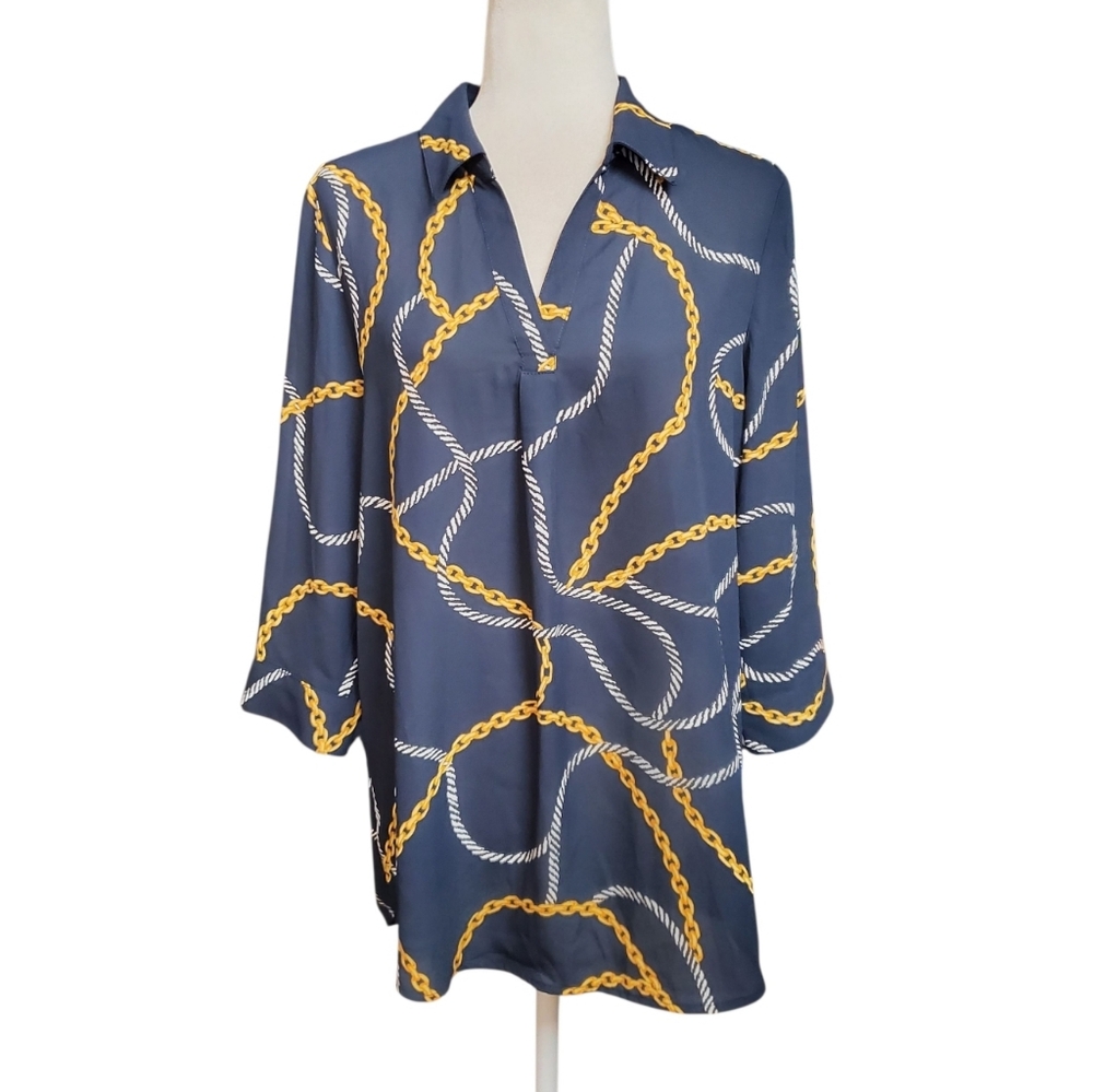 Anne Klein Chain Print 3/4 Sleeve Blouse Size Small Navy Blue Oversized Tunic